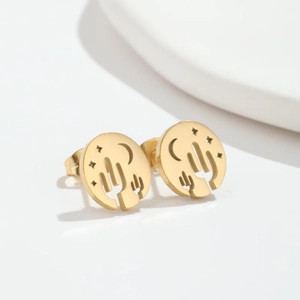 Minimalist gold hollow cactus and moon stud earrings in polished stainless steel