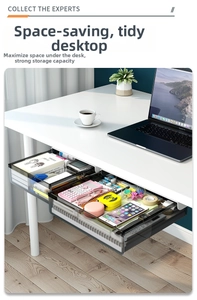 Macro detail of under-desk drawer storage showing slide-out mechanism for office supplies