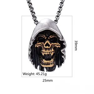 Vintage punk grim reaper skull pendant in two-tone stainless steel with product dimensions