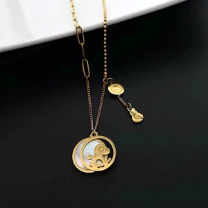 Titanium steel gold necklace with rocking horse pendant, white shell inlay and dollar charm