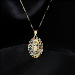 Gold Virgin of Guadalupe pendant necklace with multi-colored cubic zirconia stones