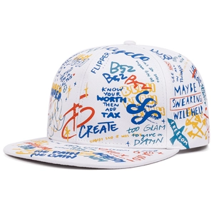 Detailed close-up of hip hop flat brim cap with vibrant multi-color street graffiti prints