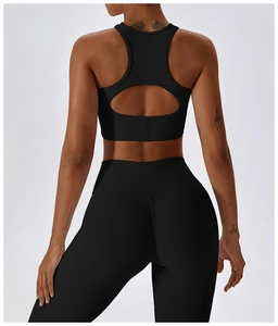 Close-up of the back hollow-out detail on a black ribbed high-strength sports bra and yoga set