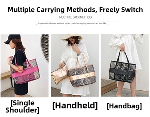 Detailed views of the transparent PVC beach bag in pink, gold, and black finishes