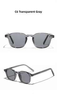 Detail view of transparent grey TR90 square sunglasses with silver reinforced rivets