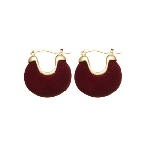 Elegant vintage burgundy velvet U-shaped hoop earrings with gold metal accents for women