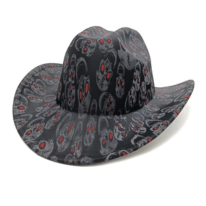 Western Cowboy Hat Polyester All Over Skull Print Red Glitter Eyes Wide Brim Halloween Party Cosplay For Men Women