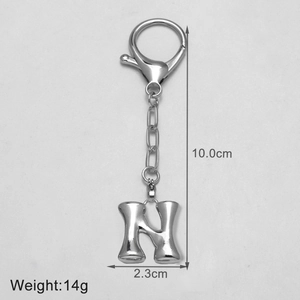 Detailed view of polished silver metal letter N keychain with lobster clasp dimensions