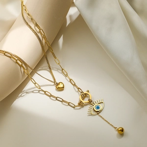 Double Layer Evil Eye Heart Pendant Necklace Gold Plated Stainless Steel Paperclip Chain OT Clasp For Women