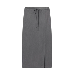 Gonna Midi Elegante Donna Vita Alta Grigio Poliestere Cintura Da Annodare Con Cintura Spacco Laterale Taglio Dritto