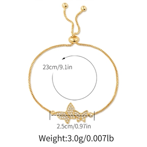 Detail of adjustable gold butterfly bracelet with white zircon and size dimensions