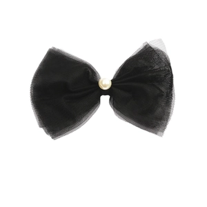 Elegant black lace veil hair clip with a large mesh bow and a pearl center on white back