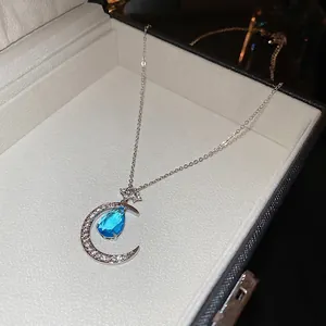 Silver S925 moon and star pendant necklace with a blue water drop zircon stone