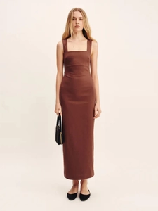 Detailed full-length view of a dark brown square-neck cotton maxi dress with a slim fit cut