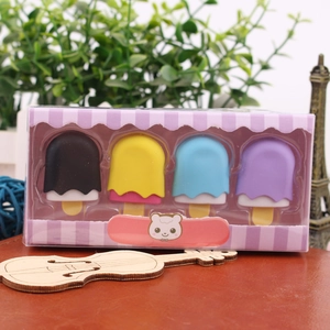 Detail view of 4-piece ice cream shaped erasers set in a cute cartoon display box
