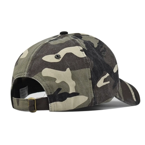 Detail of jungle camo baseball cap showing adjustable back strap and bronze metal buckle