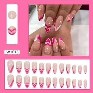 Almond press-on nails set with pink heart ripple design and 24-piece full coverage