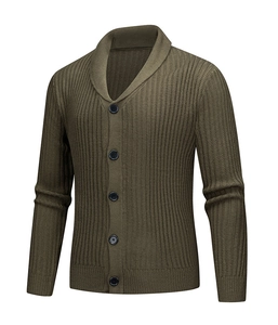 Detailed view of olive green knit cardigan featuring shawl collar and button closure texture