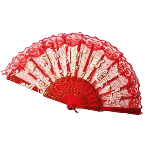Red lace folding fan with golden rose embroidery and decorative plastic frame