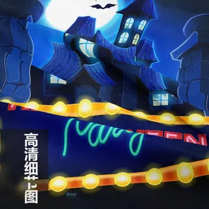 Detailed macro view of high-quality navy blue Halloween tapestry with vibrant LED neon lights