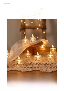 Detail of LED iceberg candles with crystal texture on white lace tablecloth for Christmas