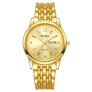 Montre à quartz pour hommes en acier inoxydable doré avec affichage jour et date