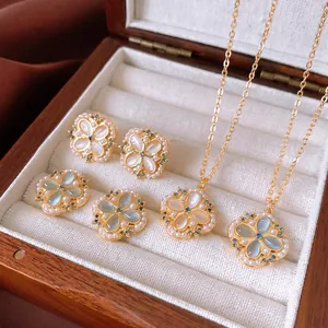 Floral Flower Jewelry For Women Alloy Imitation Artificial Pearl Cat Eye Stone Rhinestone Crystal Silver Earring Post Elegant Fashion