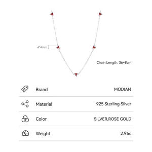 S925 sterling silver necklace featuring five red heart-shaped zircons on thin chain