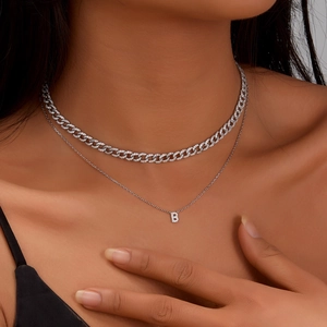 925 sterling silver double-layer Cuban chain and iced-out letter B necklace for women