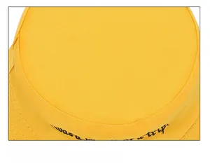 Detail of yellow cotton bucket hat with black 'was a trip' embroidery and stitching