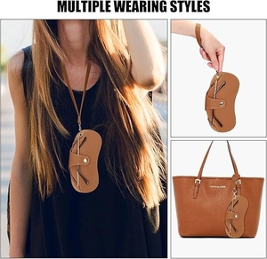 Litchi pattern leather sunglasses pouch showing neck hanging and bag charm styles