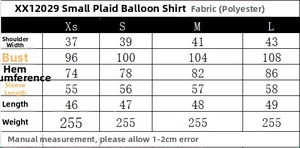 Detail size chart for polyester plaid long sleeve shirt with measurements for XS to L