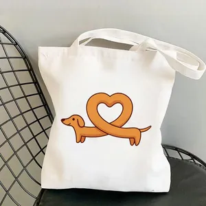 Dachshund Cartoon Printed Canvas Tote Bag Reusable Cotton Shoulder Handbag For Dog Lovers Casual Shopping Travel