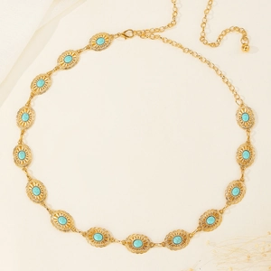 Elegant gold hollow dress waist chain with oval turquoise stones and lobster clasp closure