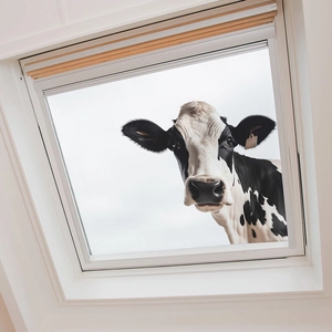 Creative skylight window sticker with a cute cartoon cow peeking from the roof