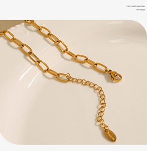 Detailed close-up of golden paperclip chain necklace with lobster clasp and S.steel tag