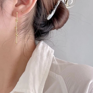 Close-up of elegant gold stick drop earrings with metal bead details on model