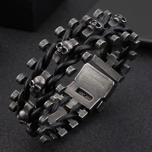 Bracelet punk tête de mort en argent vintage avec cuir tressé noir pour homme
