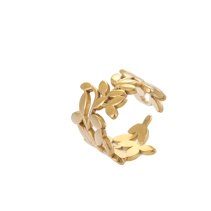 Golden olive leaf branch open ring in stainless steel with adjustable minimalist band