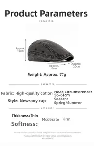 Detailed chart of washed cotton flat cap features including 56-61cm size and breathable holes