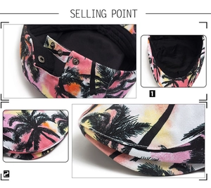 Dettaglio cappello con stampa palme tropicali, chiusura in metallo e tessuto cotone