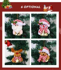 Detail of plush Christmas ornaments with gold bells featuring Santa, Snowman, Deer and Bear