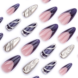 Purple and silver pearl 3D press-on nails in long almond shape with French design