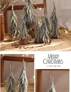 Mini frosted Christmas trees with snowy flocking and rustic wooden bases for decor