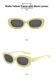Detail view showing front and side profile of retro matte yellow oval sunglasses