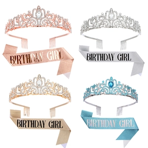 Detail view of crystal tiara and Birthday Girl sash sets in four metallic colors