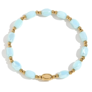 18K gold plated stainless steel bead bracelet with light blue beads on white background