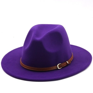 Close-up of purple wool fedora hat featuring a brown leather belt with gold buckle