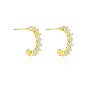 Elegant gold S925 silver hoop earrings with pavé opal gemstones on a white reflective base