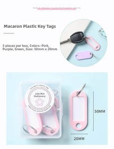Vue détaillée de 5 porte-clés en plastique couleur macaron dans leur boîte de rangement